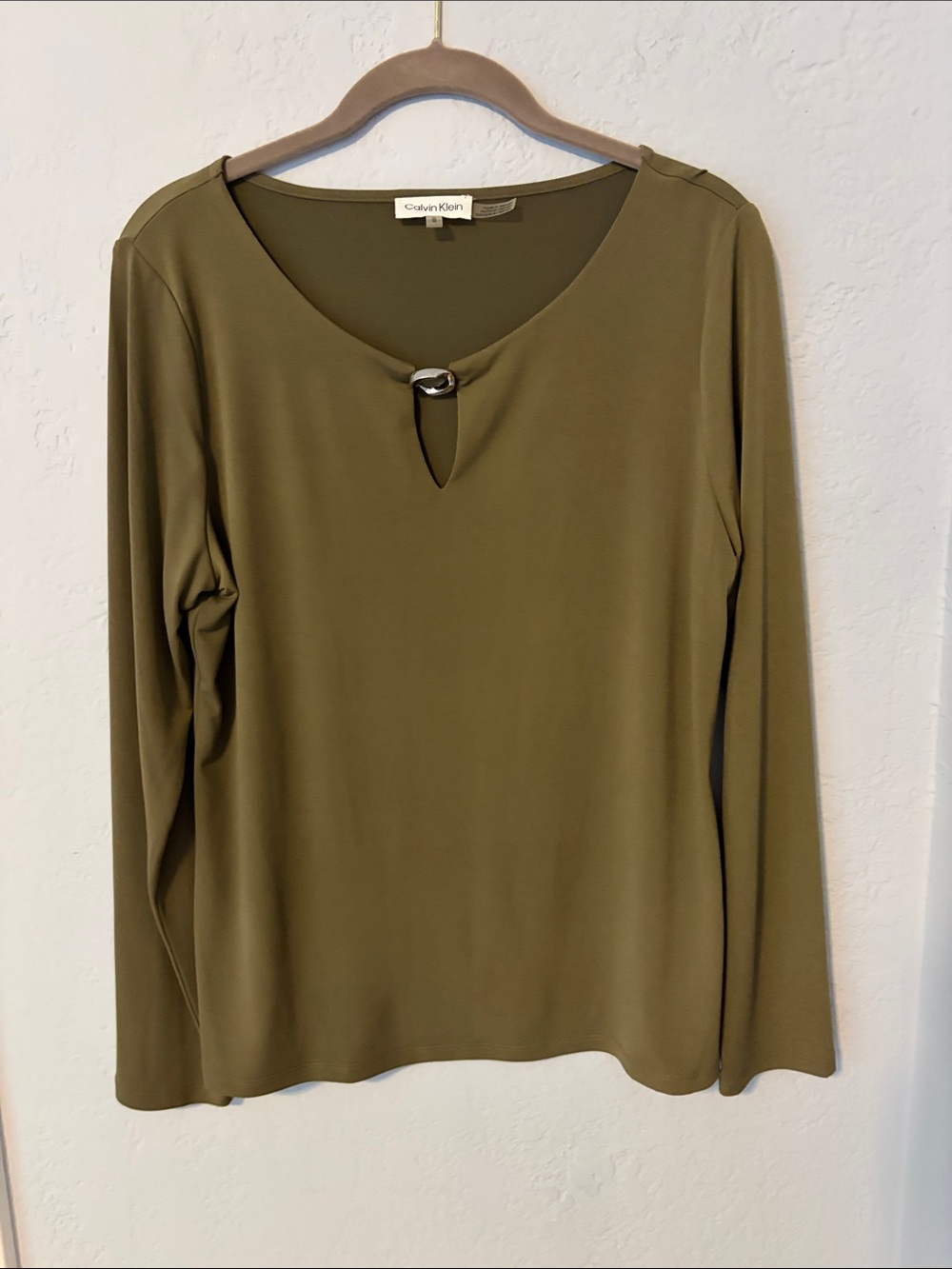 Calvin Klein Olive Green Long Sleeve Top with Decorative Ring